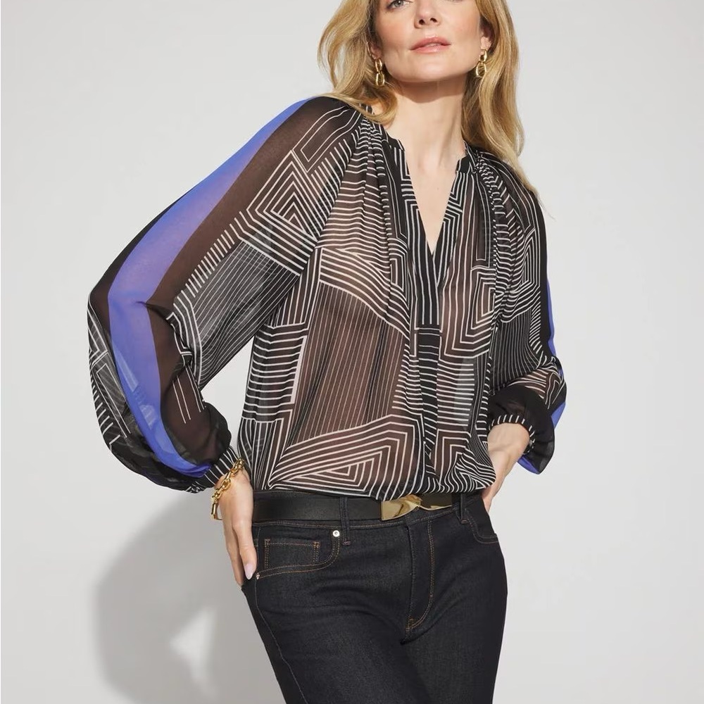 White House Black Market Black Blue Geometric Raglan Sleeve Georgette Blouse